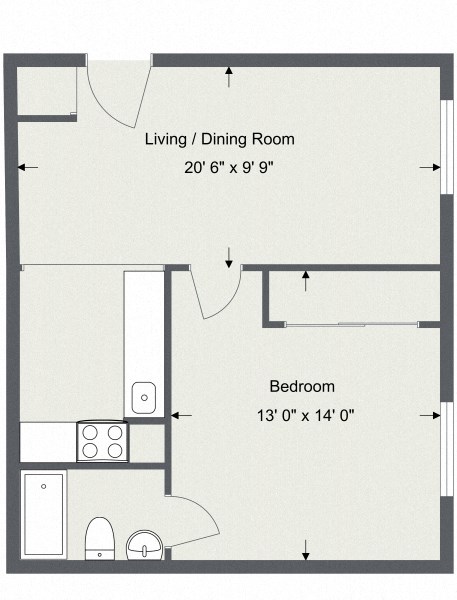 Floor plan for 1 bed, 1 bath, 500 sqft